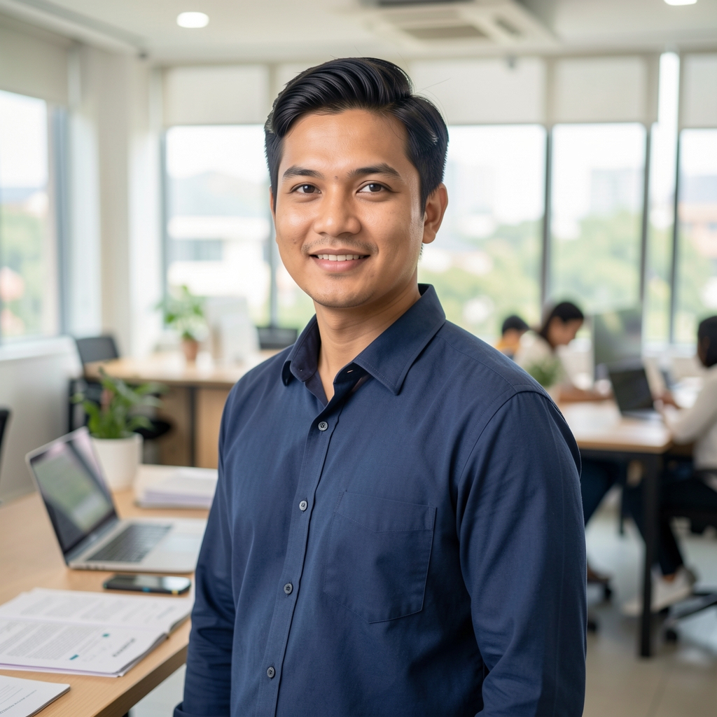 Contributor portrait at a standing desk with research papers and a laptop in a bright Jakarta co-working space