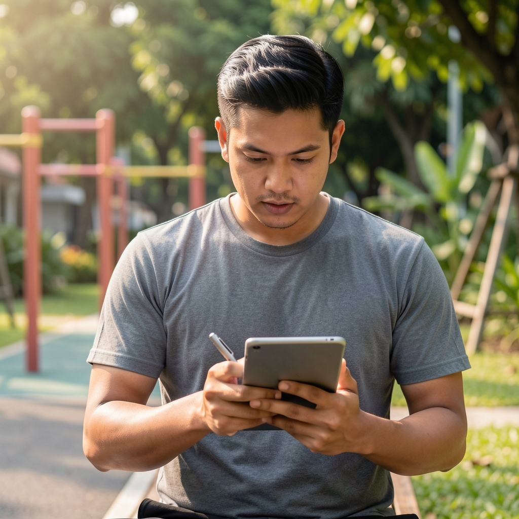 Contributing writer in a Jakarta outdoor setting reviewing notes on a screen during a morning fitness session