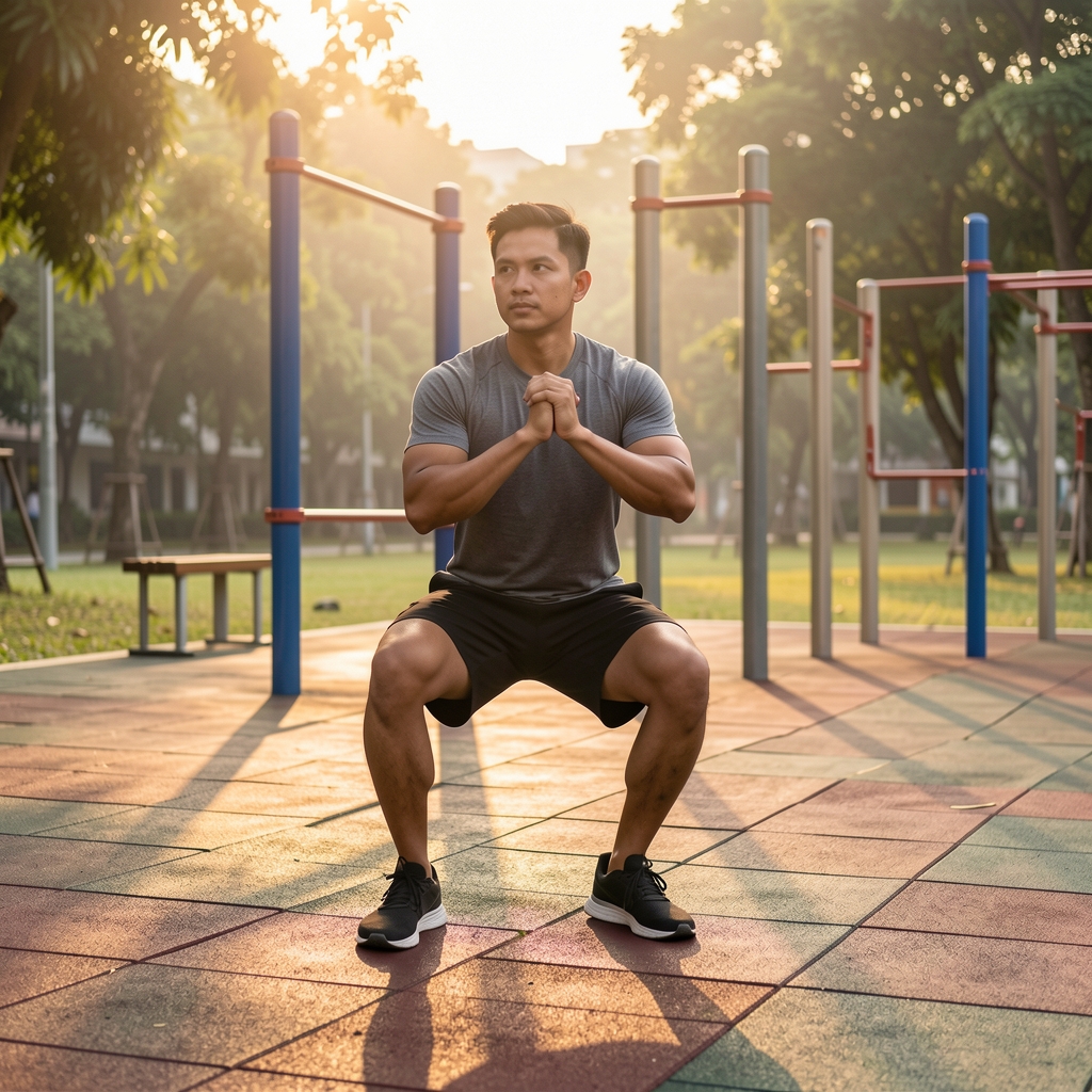Man performing a single-leg squat exercise on an outdoor Jakarta park fitness court during early morning golden hour