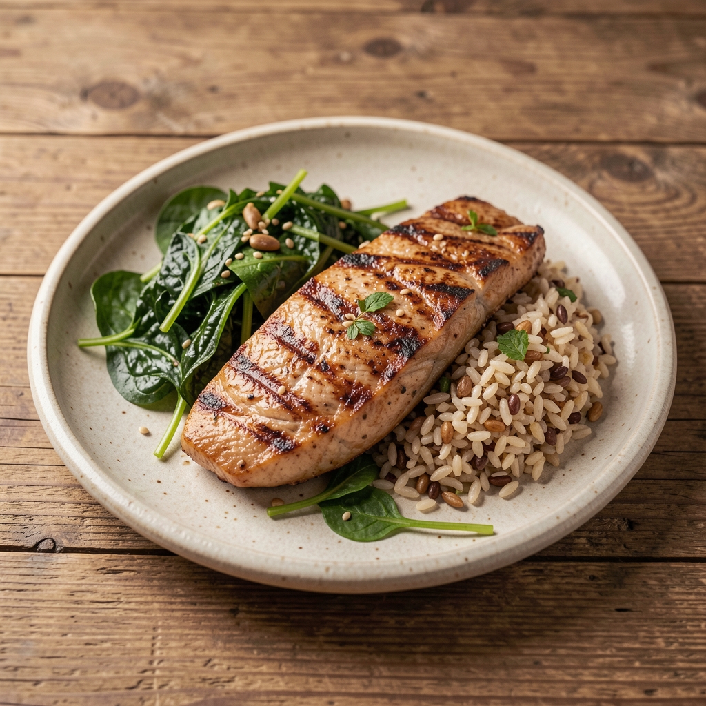 Balanced meal with grilled protein, leafy greens, and whole grains plated on a ceramic dish on a wooden table