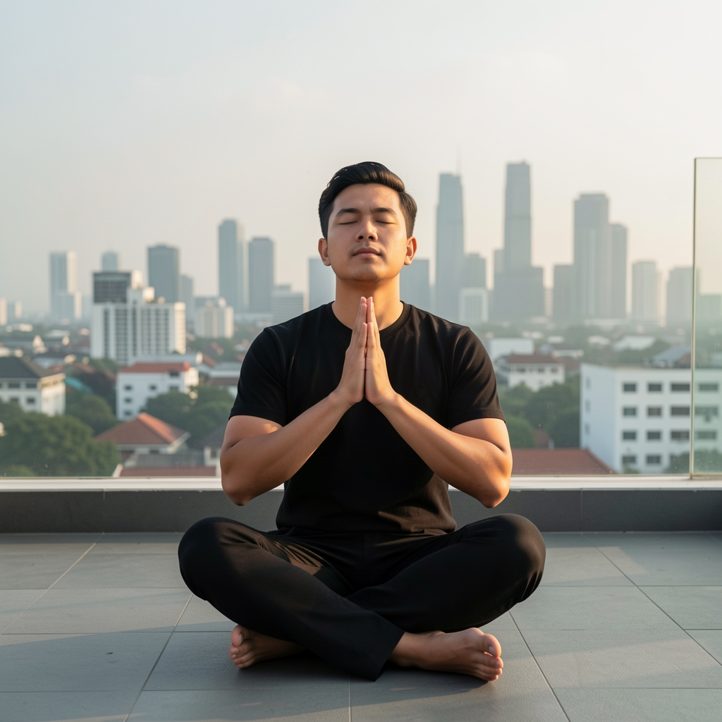 Man seated in a quiet Jakarta rooftop space during early morning with eyes closed in a structured breathing practice, city skyline visible behind